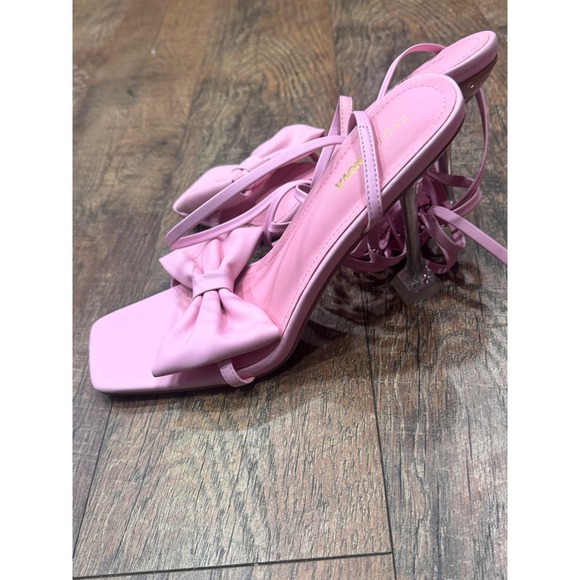 Fashion Nova Keisha Pink Lace Up Bow Sandals Clear Stiletto Heel Square Toe 11 - Picture 6 of 7